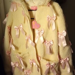 Cream Fuzzy Jacket with Pink Bows
